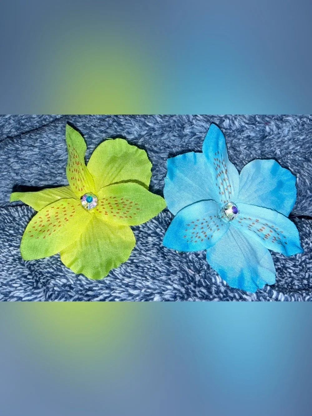 Artificial Flower Hair Clip Set - Blue & Lime